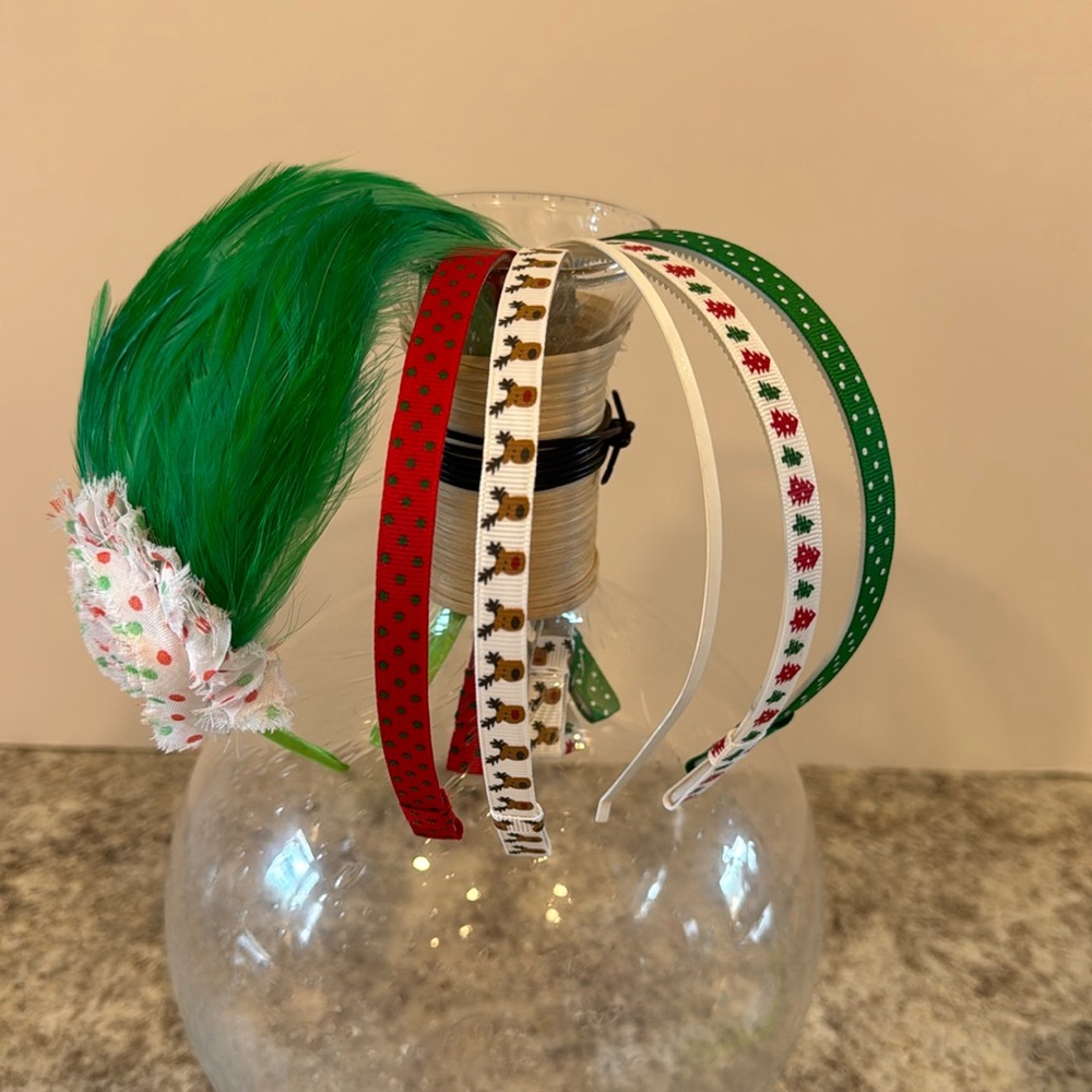 6 Headbands girls Christmas tree reindeer, polkadot feathers handmade NEW